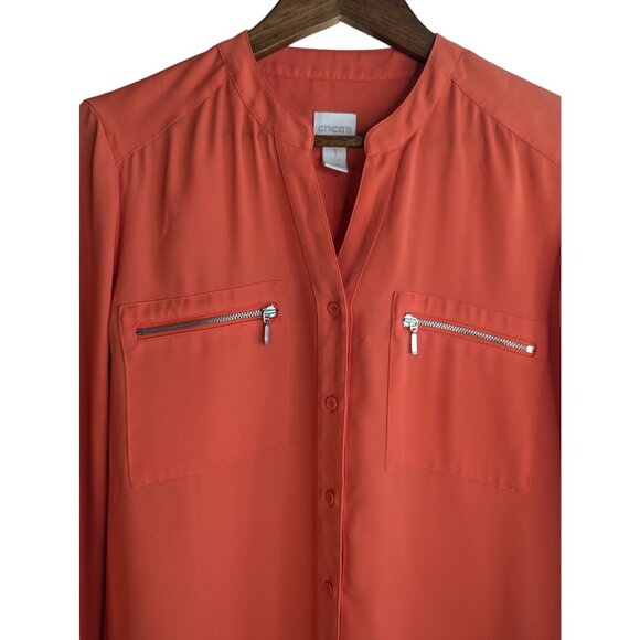 Chico's Zip Pocket Button-UP Campbell Blouse Roll-Tab Sleeves Semi Sheer Sz M - Picture 2 of 10
